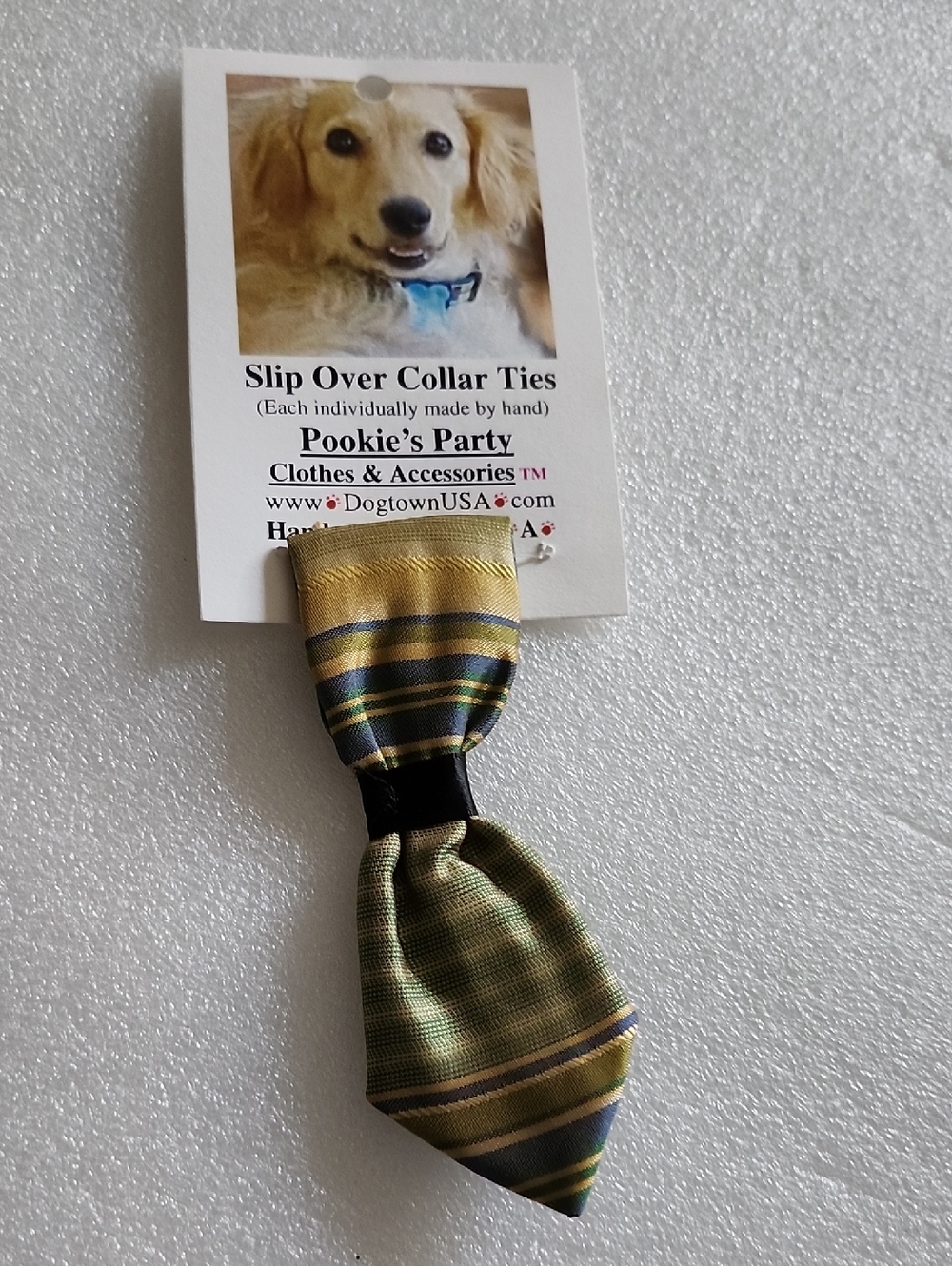 Hand Crafted Green and Gold Striped Slip-On Dog Collar Tie